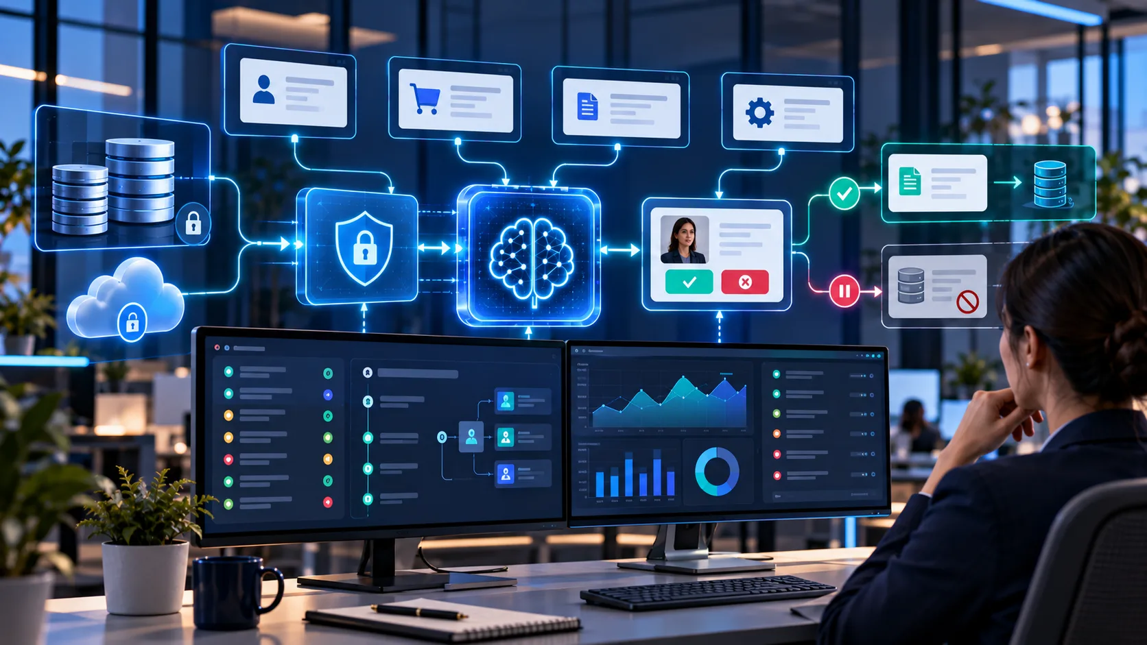 Enterprise AI agent workflow with permission controls, secure data access, activity monitoring, and human approval checkpoints.