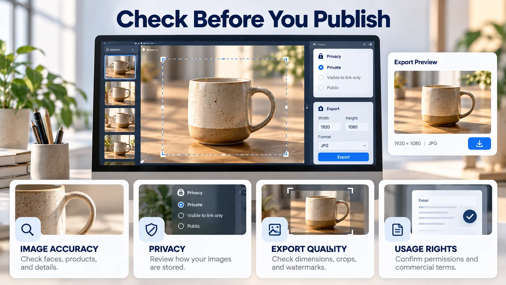 Checklist for reviewing AI-generated images for accuracy, privacy, export quality, and commercial usage rights.