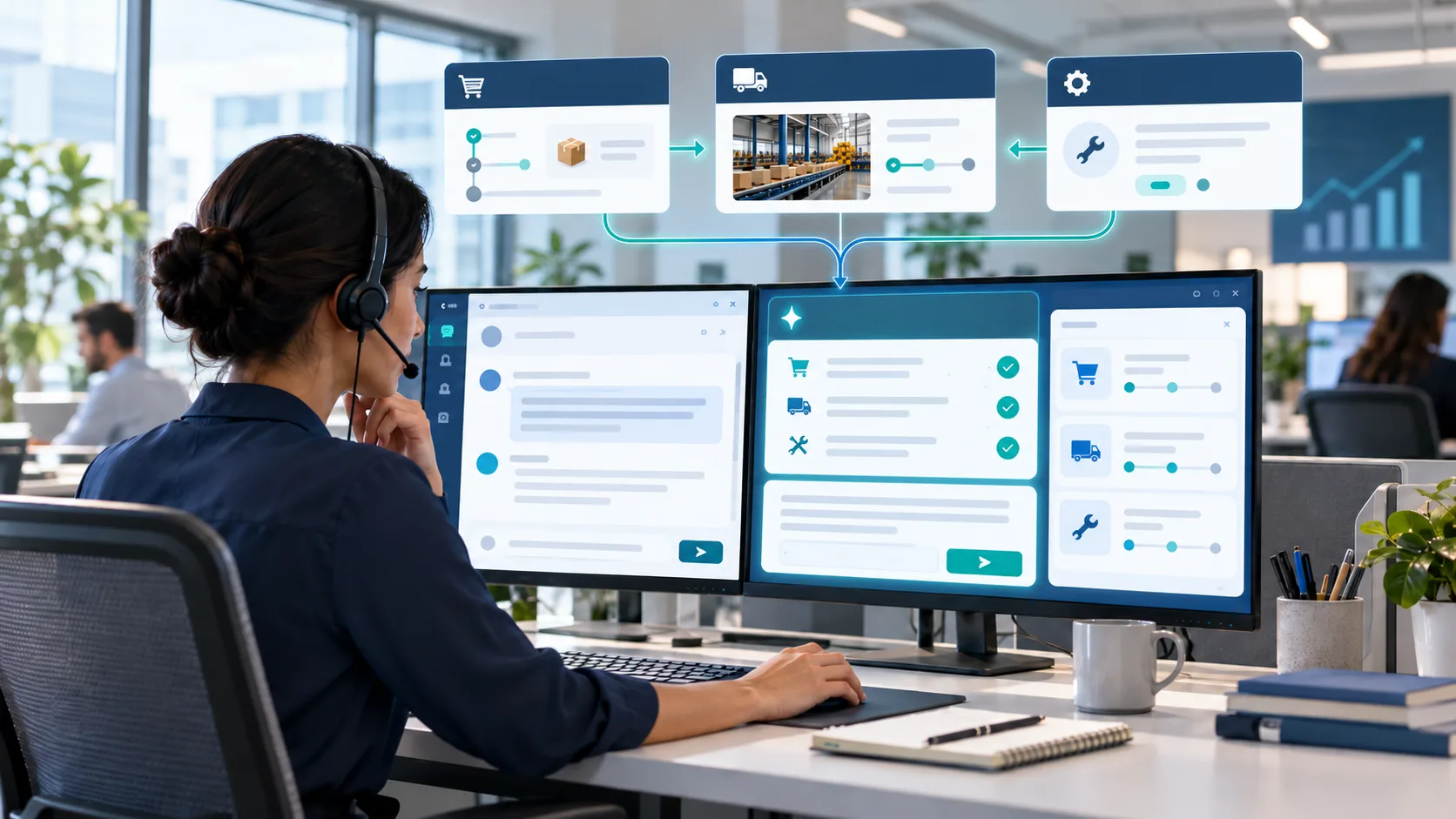 AI-assisted business support workflow connecting customer service, order information, and IT incident management.
