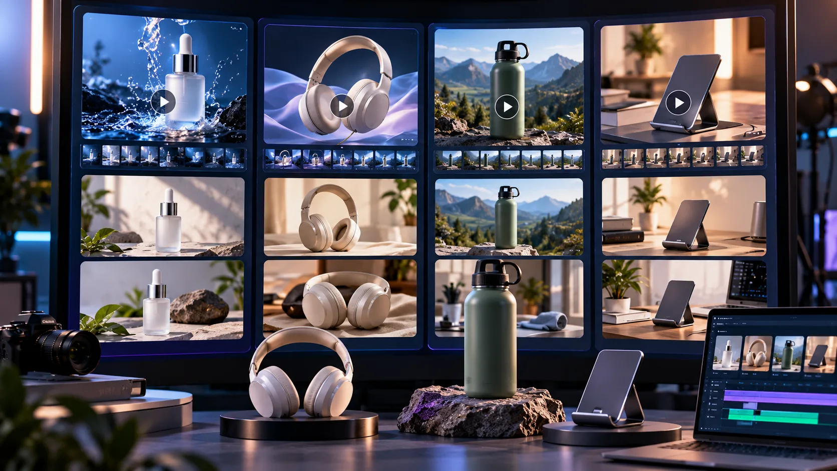 Multiple AI-generated product advertising creatives arranged for a digital marketing campaign. Image generation prompt