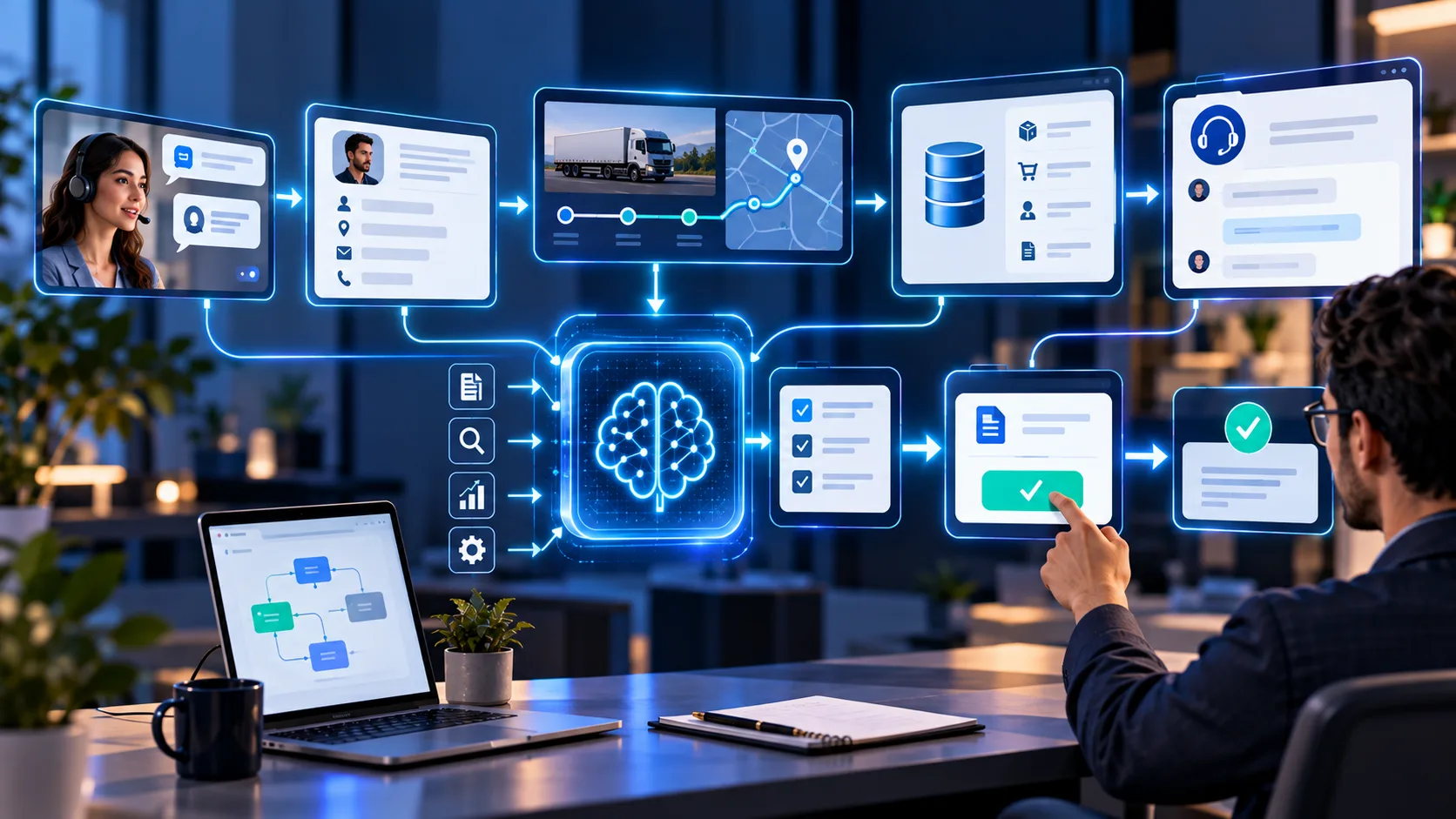 AI agent coordinating information retrieval, business software, task execution, and approval steps.