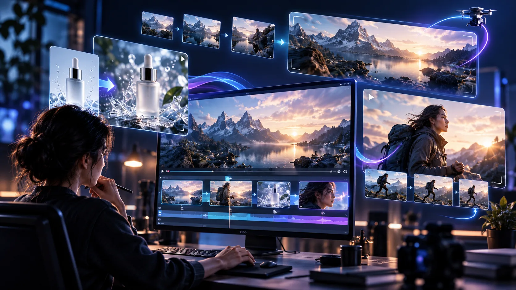 AI video production workspace showing cinematic clips, generated scenes, and visual effects. Image generation prompt