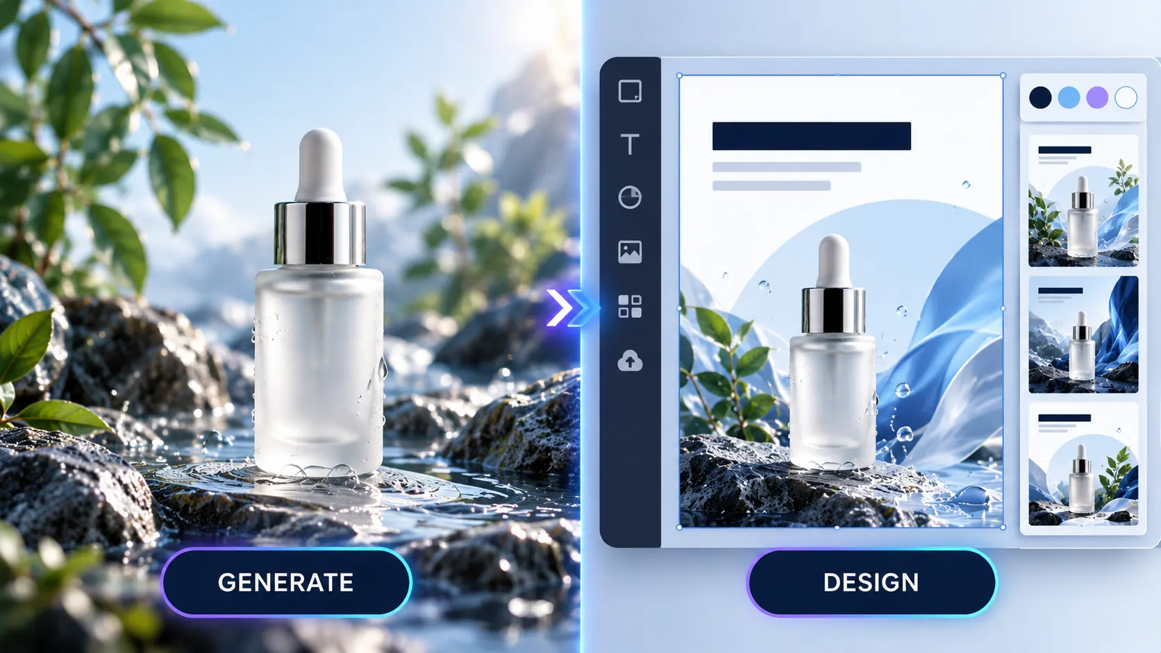 AI-generated product lifestyle image alongside an editable branded social media design.