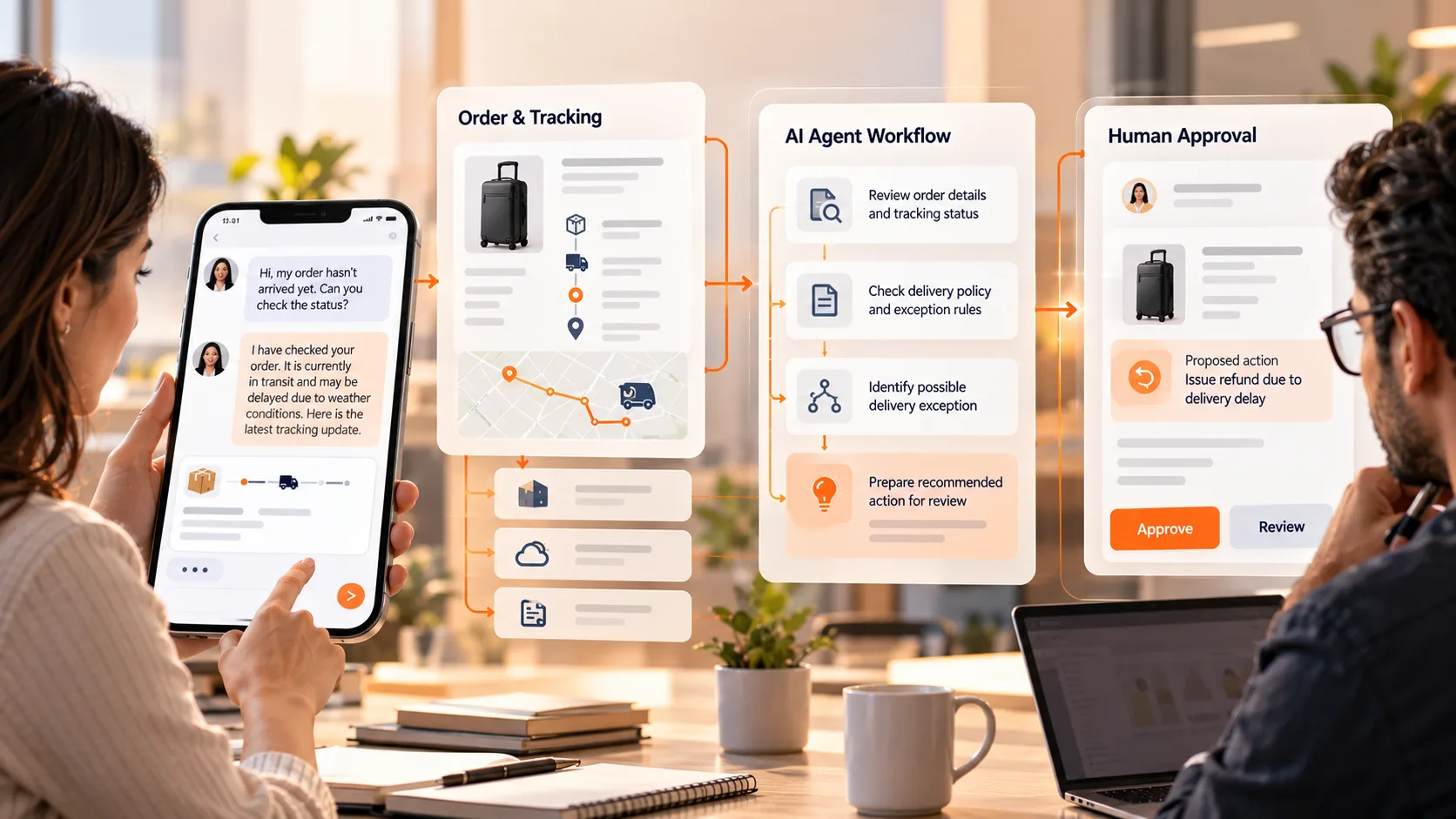 AI chatbot responding to a delivery query while an AI agent checks order information and prepares an action for approval.