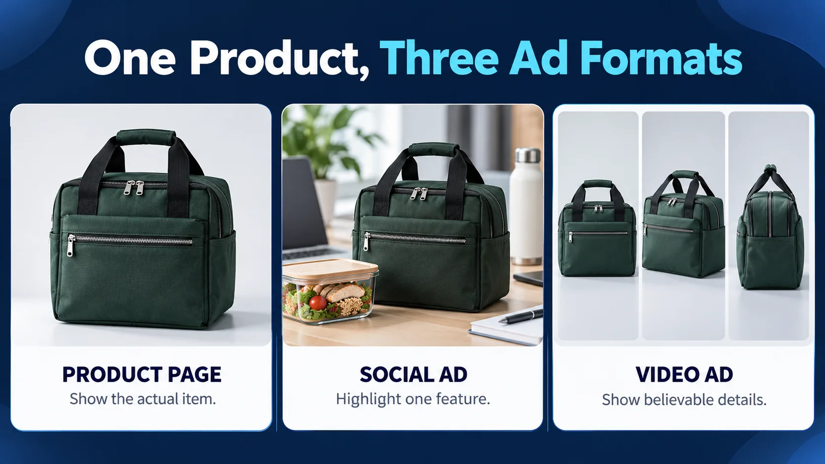 Ecommerce advertising formats for product pages, social media feeds, and short video advertisements.