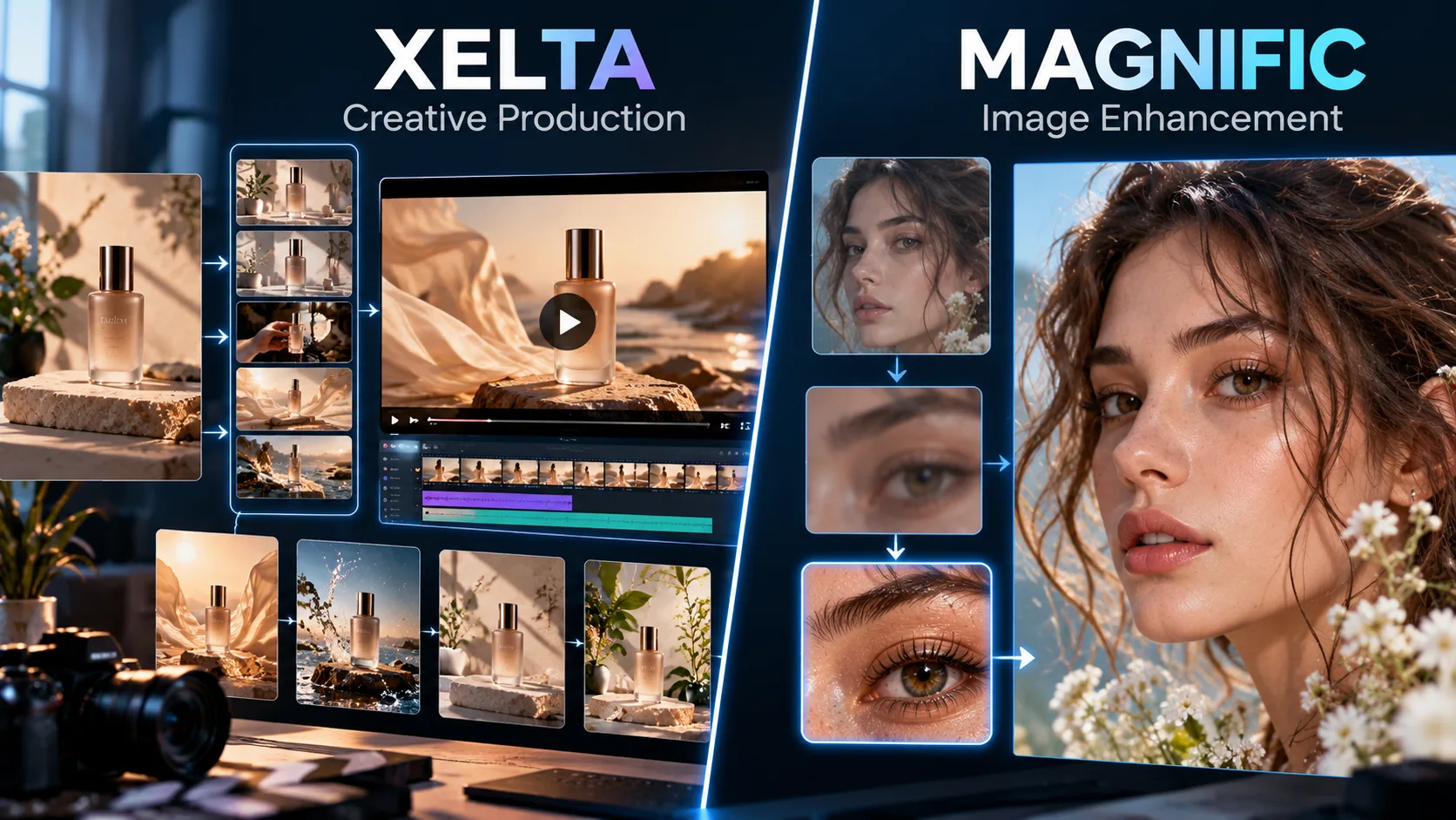 Comparison of AI creative production workflows and image enhancement tools.