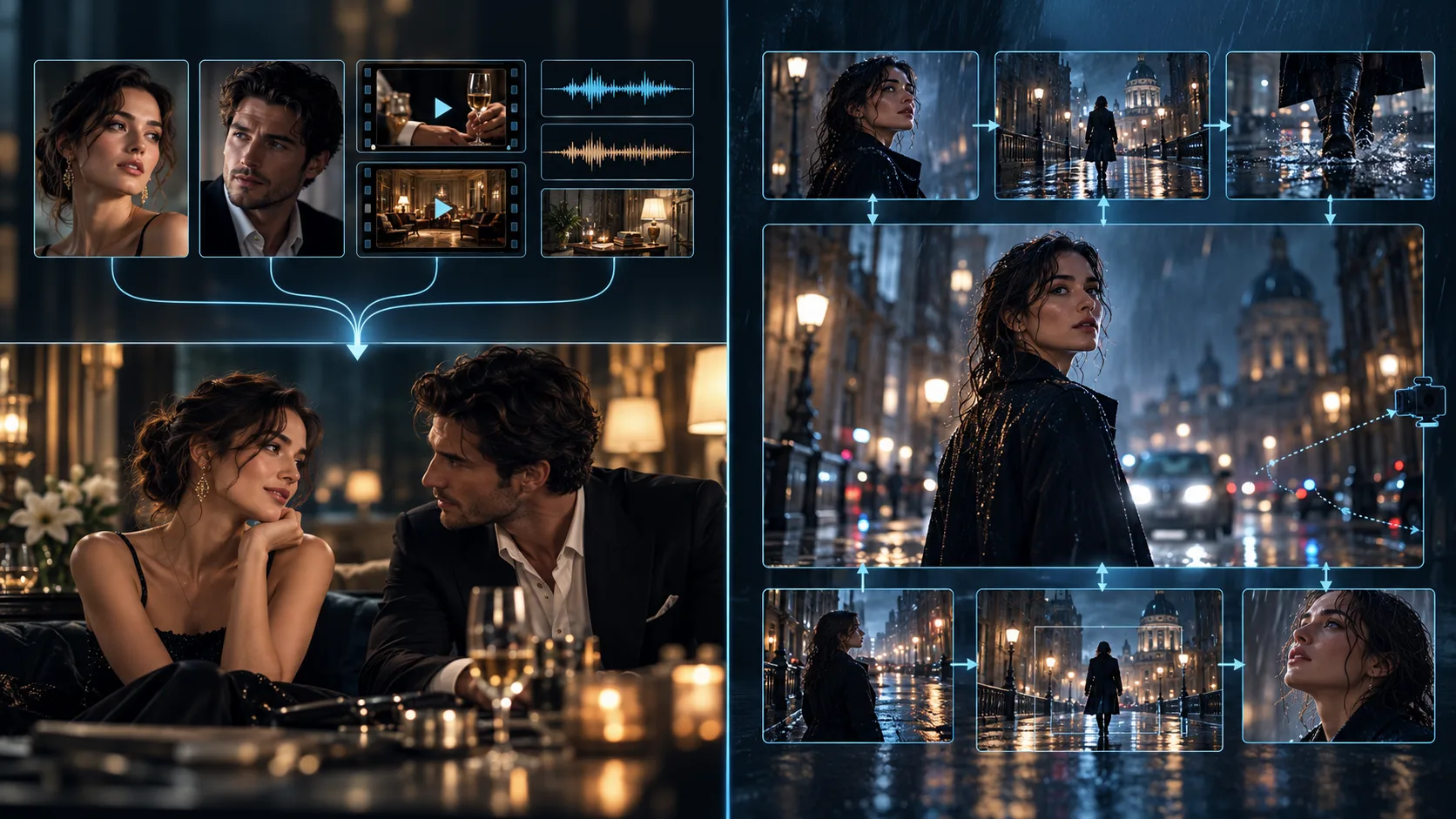 Visual comparison of reference-driven AI video generation and keyframe-controlled cinematic filmmaking.