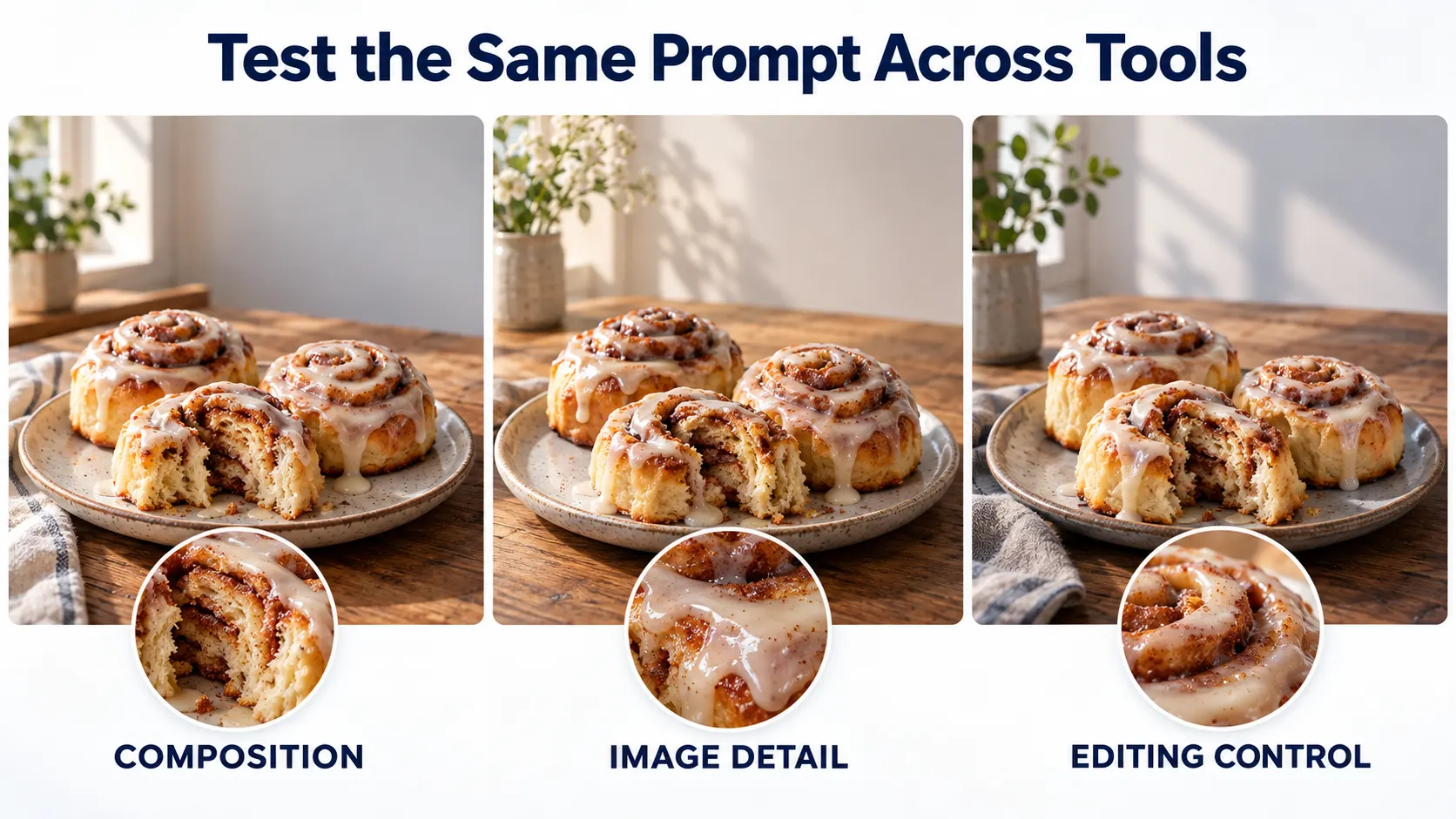Comparing AI-generated cinnamon-roll product images for composition, lighting, detail, and editing consistency.