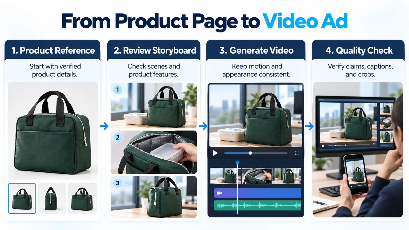 AI ecommerce video workflow showing product reference, storyboard review, video generation, and final quality checks.