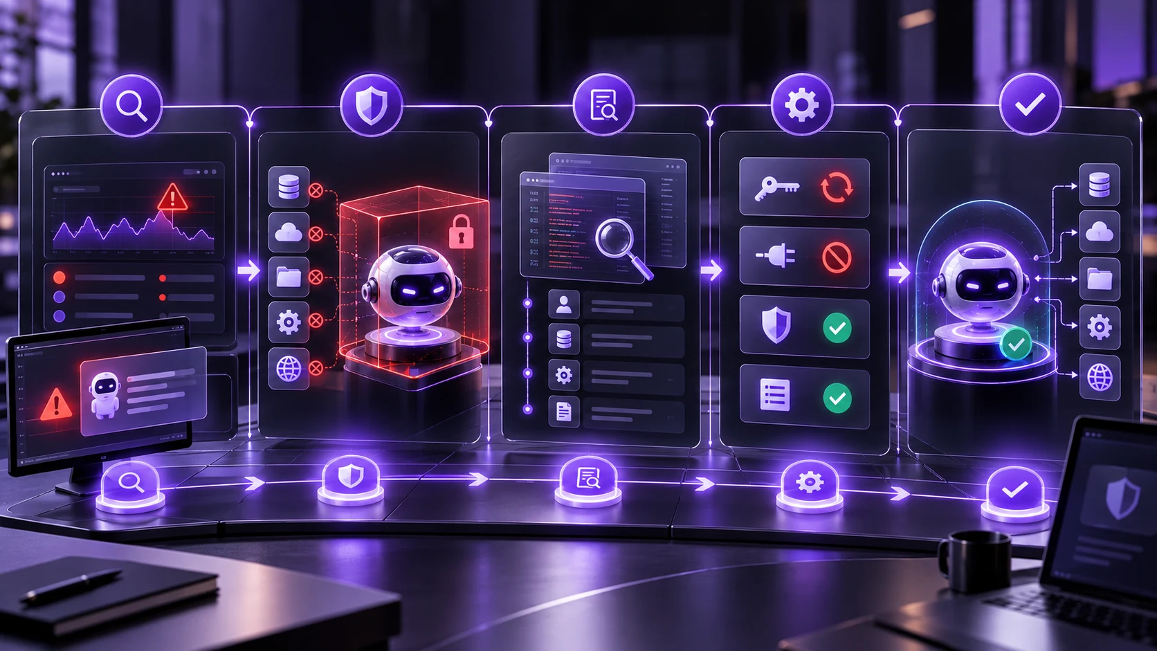 Enterprise AI agent security testing and incident response workflow showing threat detection, access restriction, investigation, remediation, and recovery.