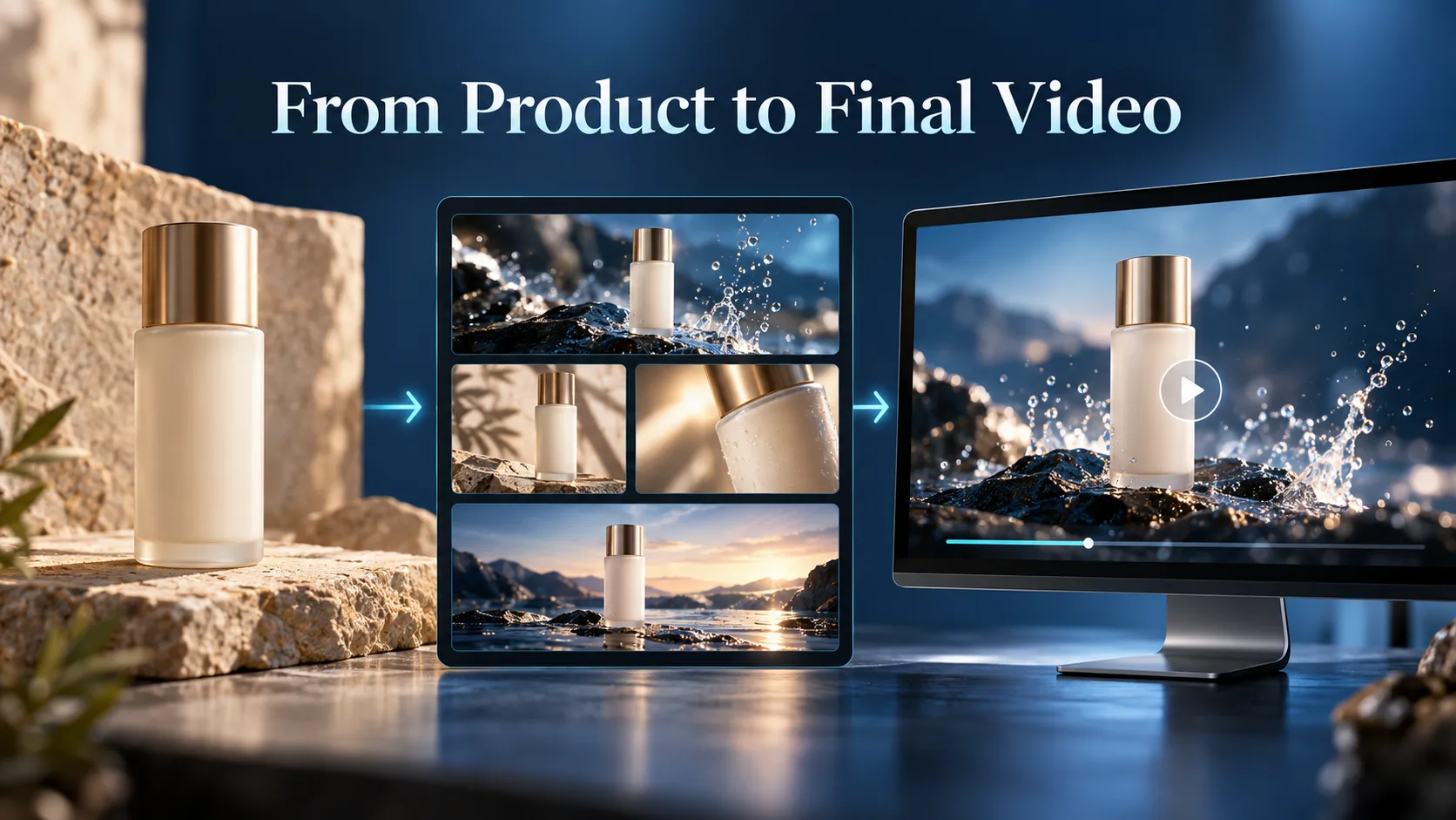 AI product video advertisement workflow showing product photography, storyboard creation, video generation, and final review.