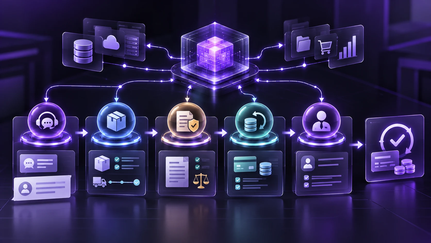 Multi-agent AI refund processing workflow showing customer support, order verification, policy checking, and finance approval.