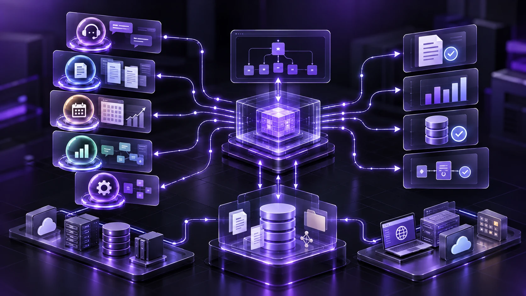 Enterprise multi-agent orchestration workflow connecting specialized AI agents, a central orchestrator, shared context, and business systems.