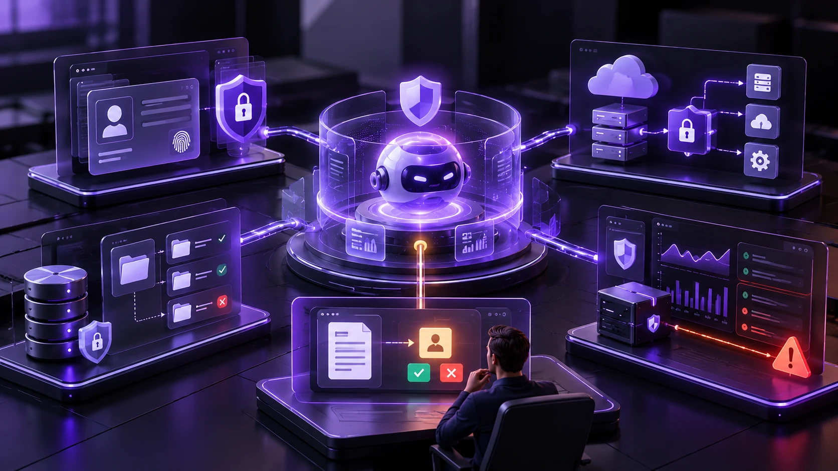 Layered security controls protecting autonomous AI agents through restricted access, secure integrations, human approval, and continuous monitoring.