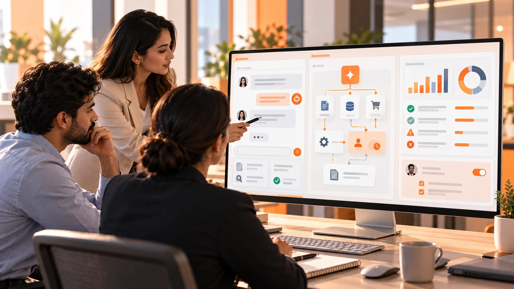 Business team testing AI chatbot responses, agent workflows, permissions and human approval before deployment.