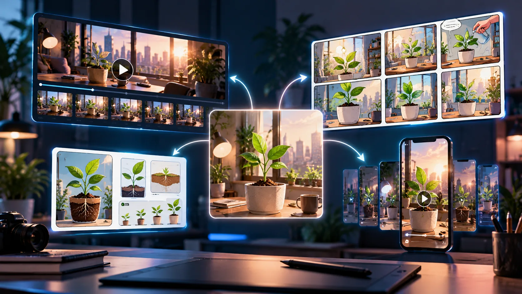 One creative concept developed into AI-generated video episodes, illustrated comics, educational lessons, and social media content.