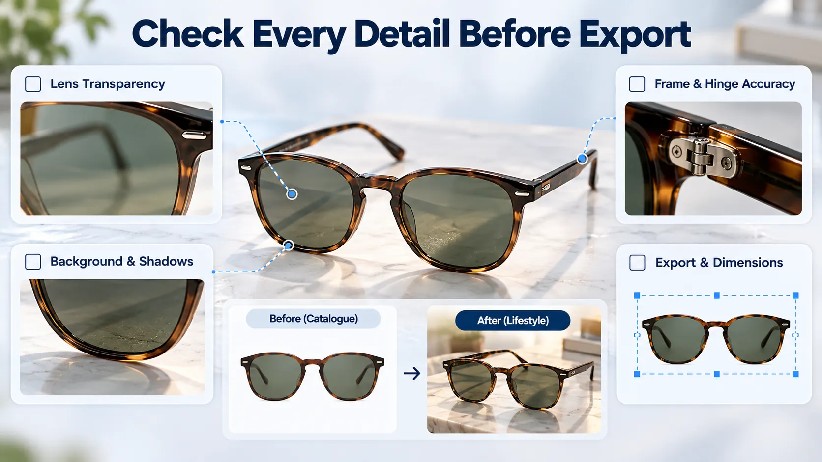 Product image quality checklist covering lens transparency, frame details, background consistency, export dimensions, and manual corrections.