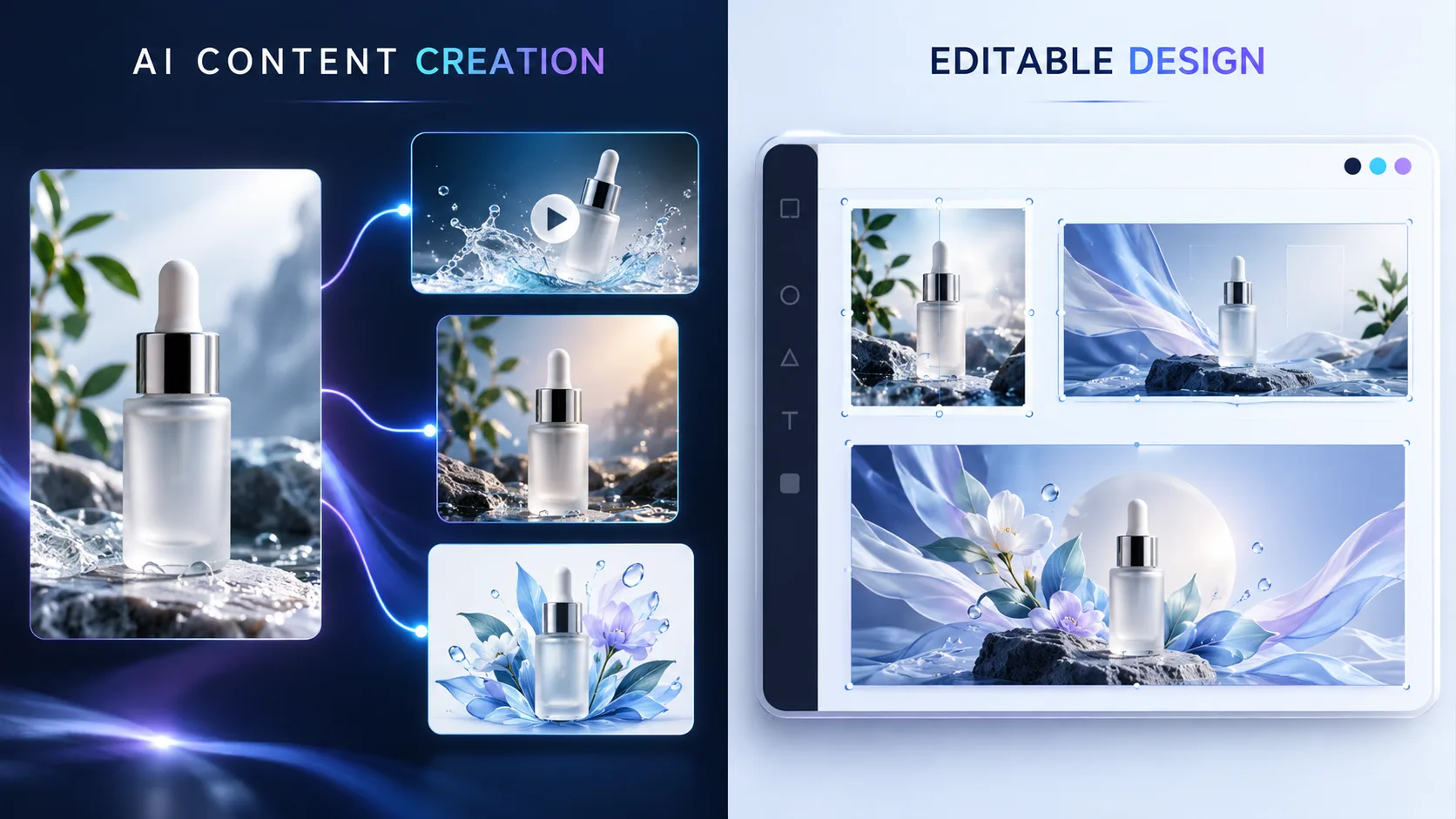 Comparison of AI content generation workflows and editable graphic design layouts.