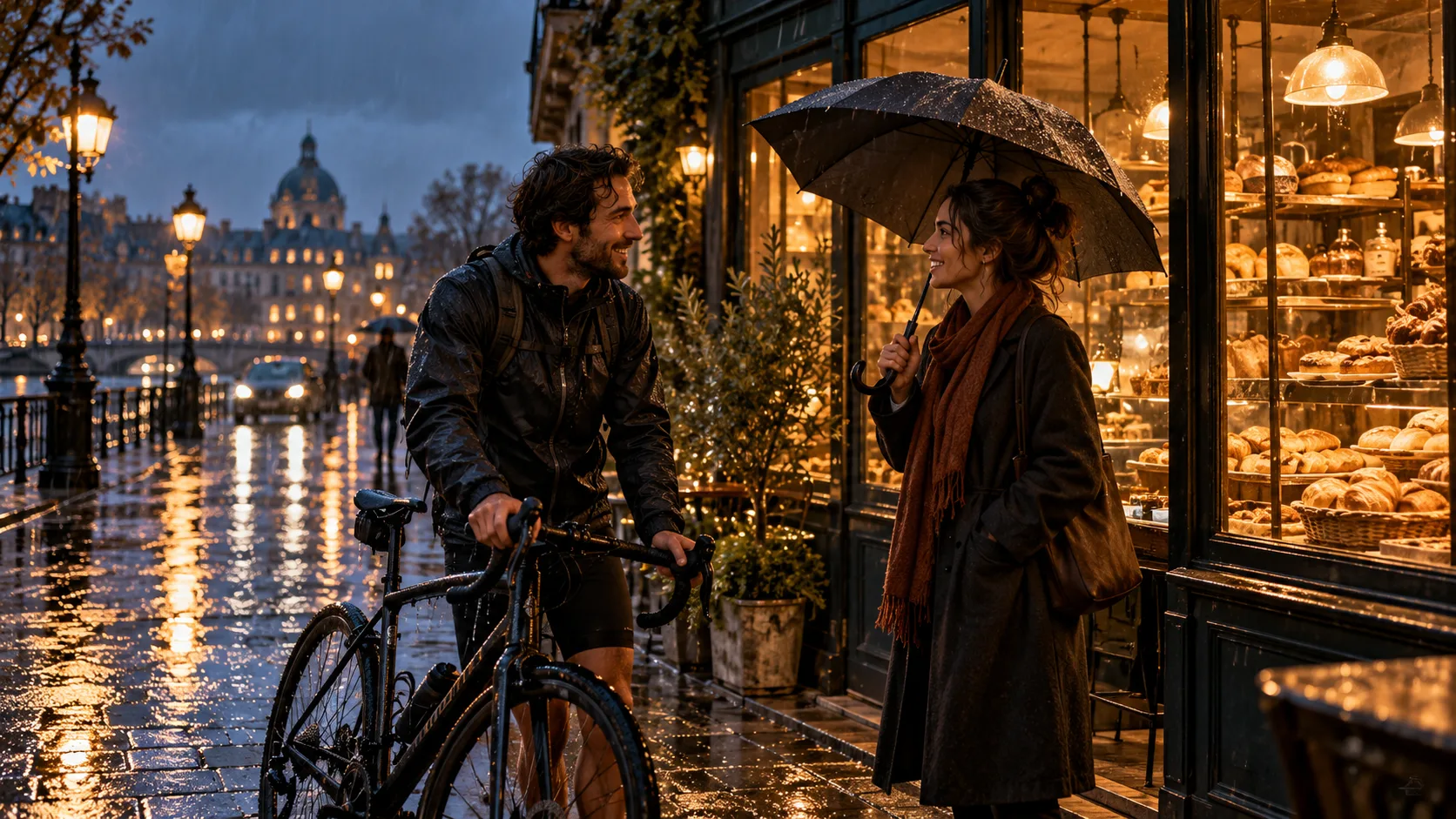 AI video test showing a cyclist outside a bakery on a rainy evening with controlled camera movement and synchronized dialogue.