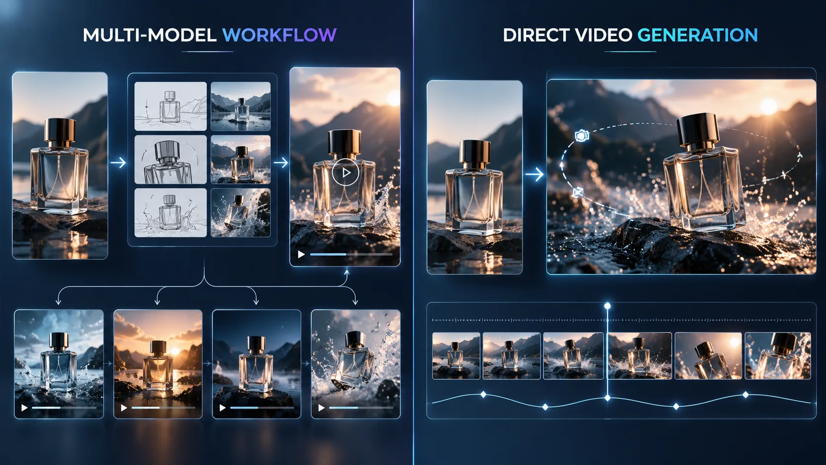 Visual comparison of multi-model AI creative production and dedicated AI video generation workflows.