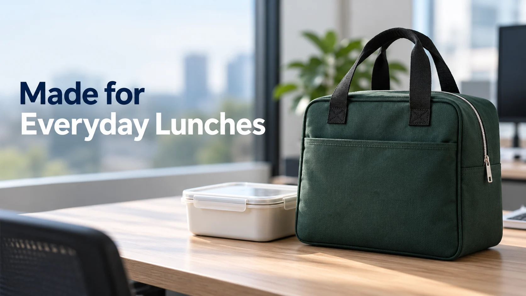 AI-assisted ecommerce social ad featuring a dark green lunch bag with accurate product details.