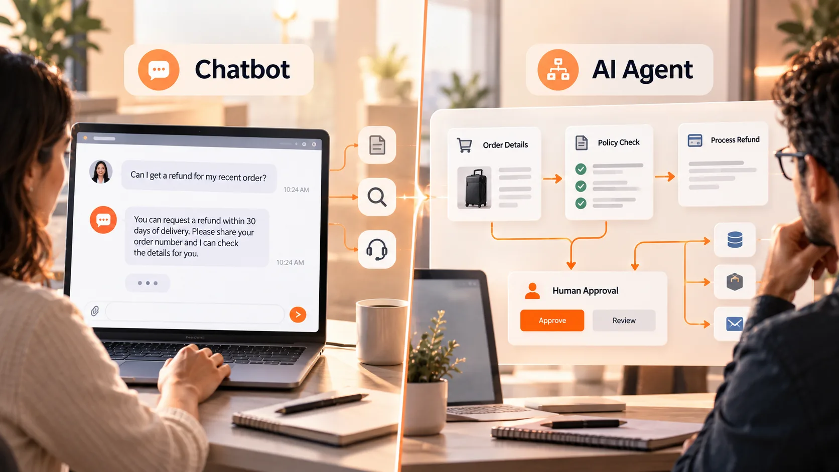 Comparison of an AI chatbot answering customer questions and an AI agent coordinating tasks across business systems.