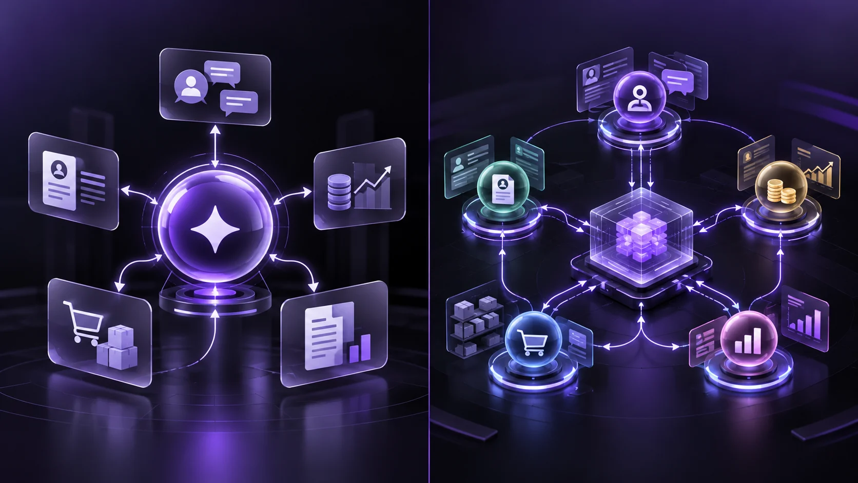 Comparison of a single AI agent handling an entire workflow and multiple specialized agents sharing responsibilities.