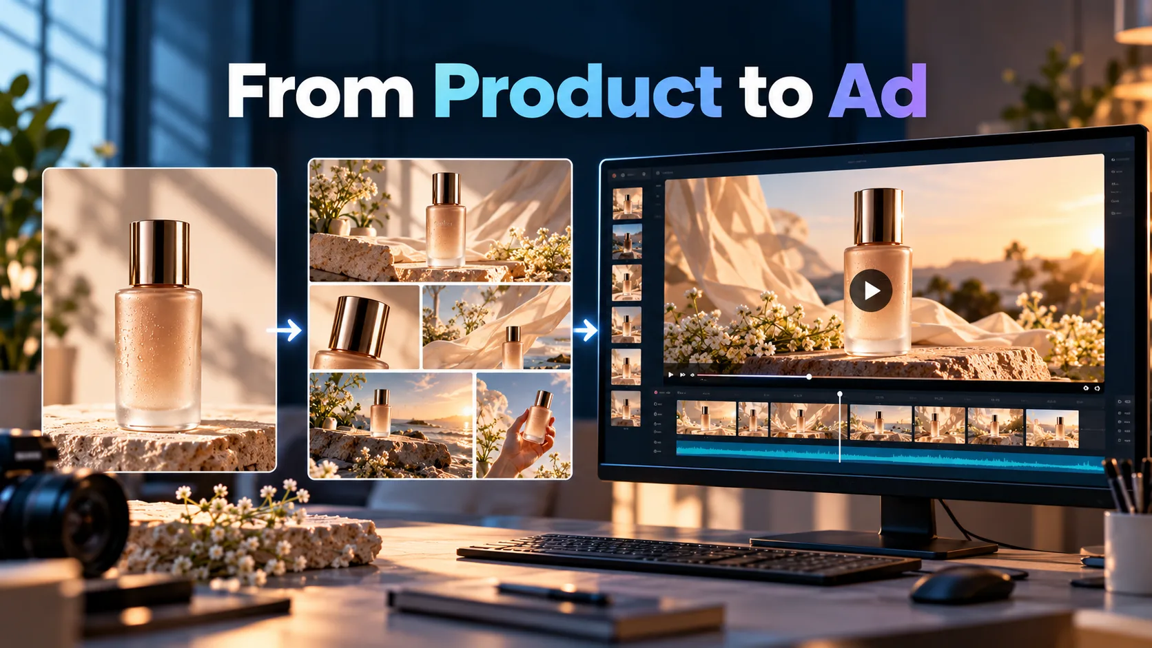 AI product advertising workflow showing product imagery, storyboard development, video generation, and final creative review.