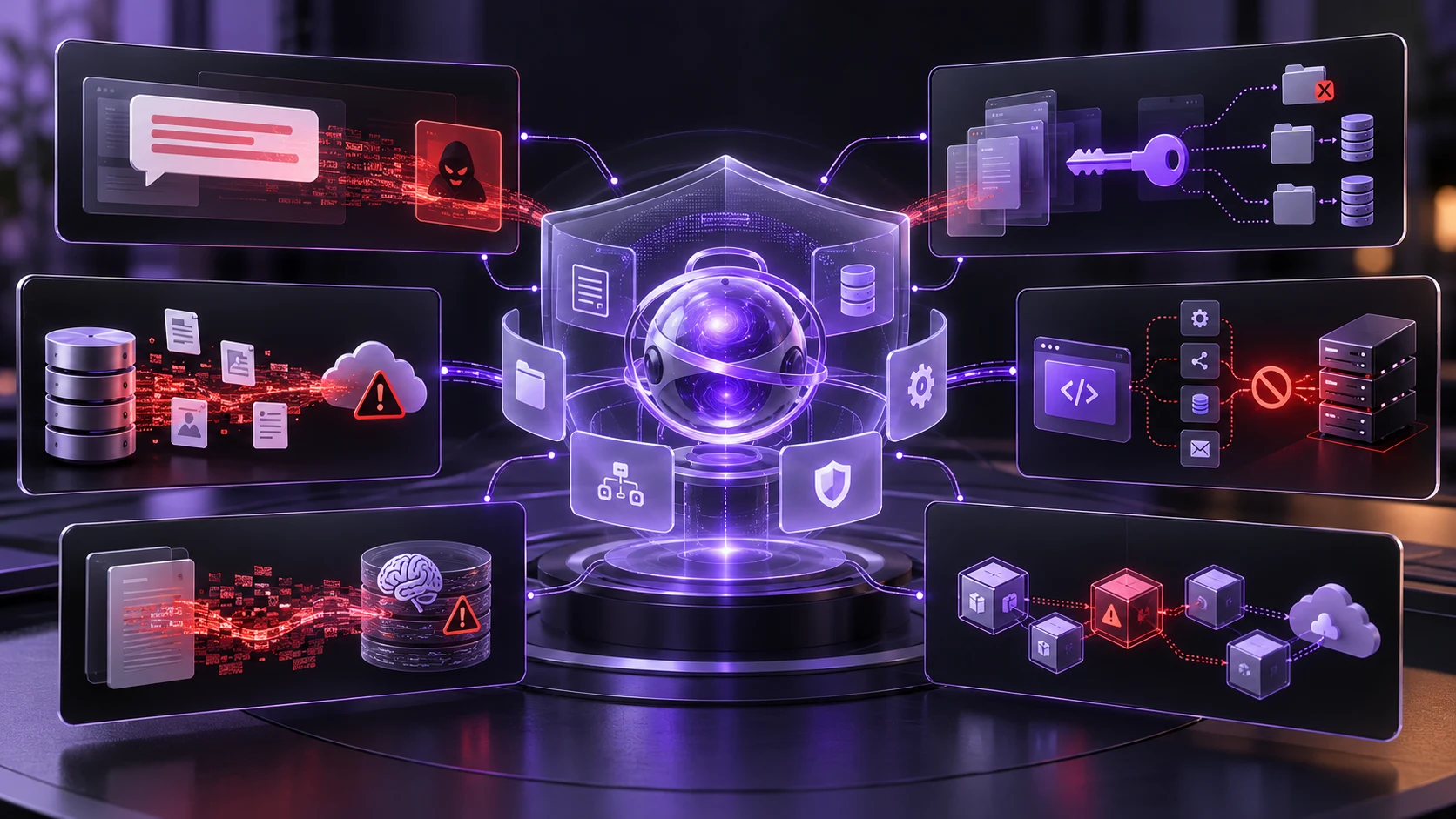 Visualization of AI agent security threats including prompt injection, excessive permissions, data leakage, and tool misuse.