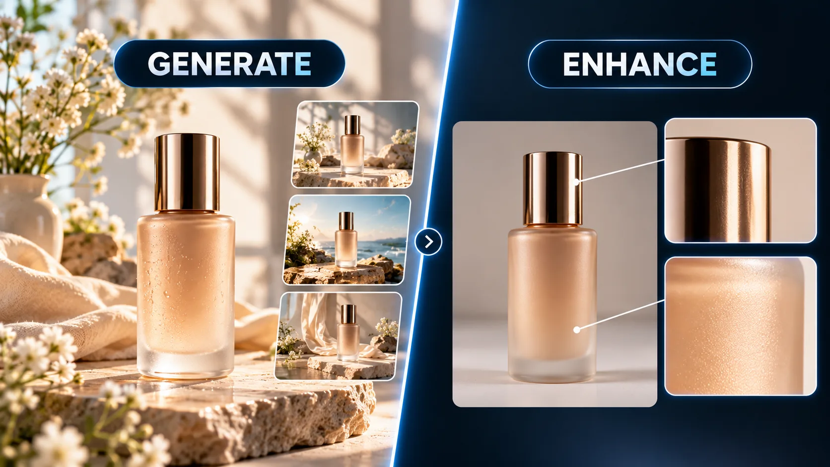 Visual comparison of AI image generation for creative scenes and image enhancement for existing visuals.