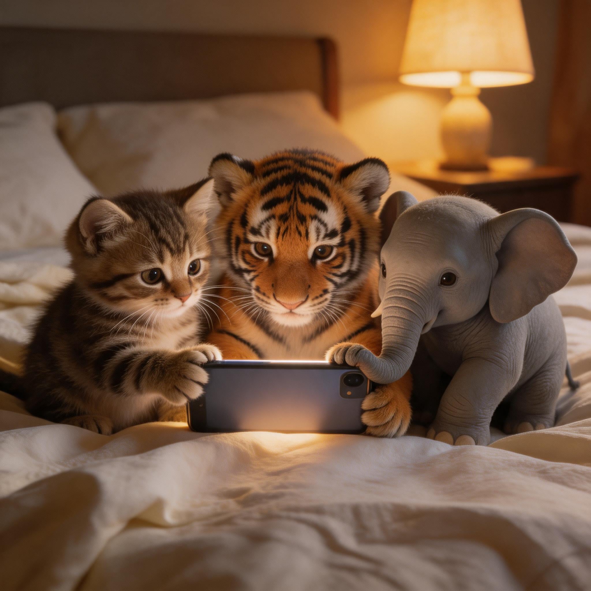 Realistic rendering of kitten, tiger, and small elephant sitting on rumpled bedding, warm bedside lamp illumination, smartphone held between paws with focused expressions.