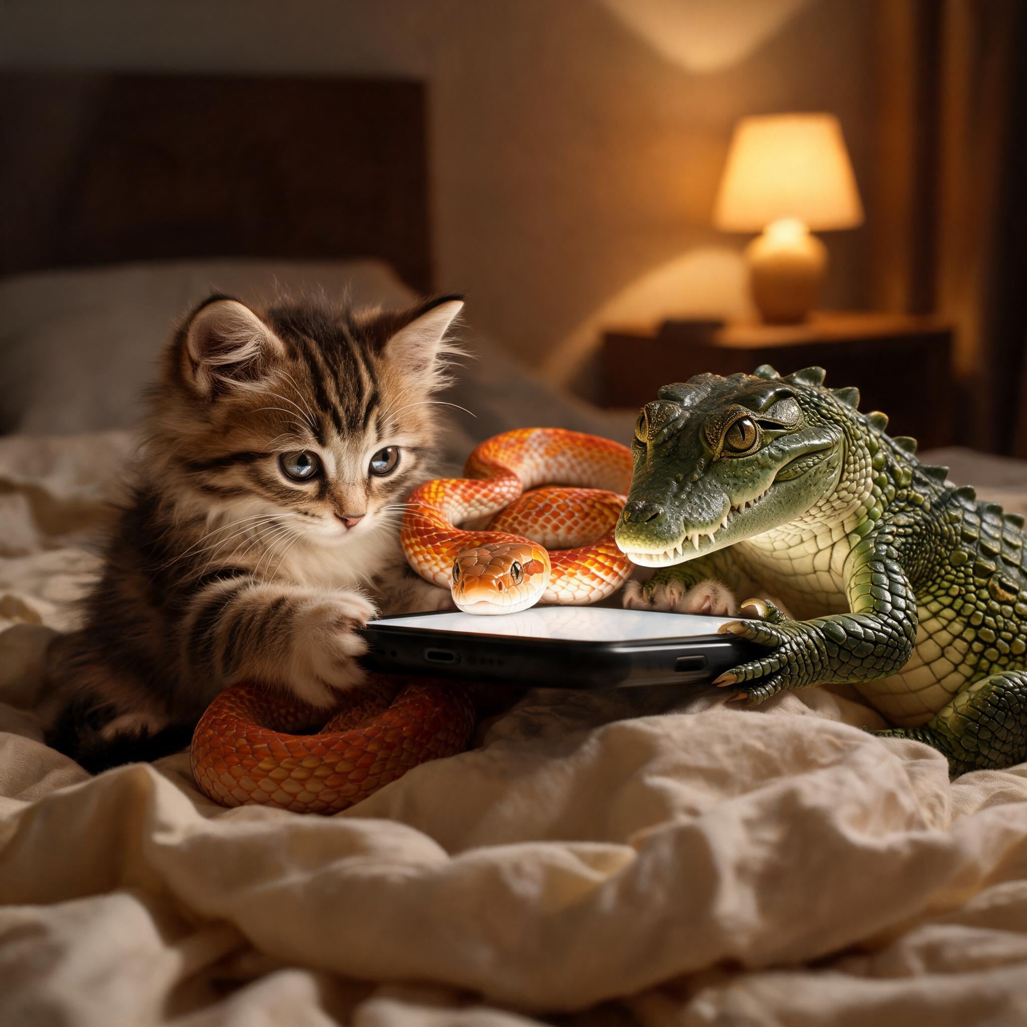 Realistic rendering of kitten, Snake, crocodile  sitting on rumpled bedding, warm bedside lamp illumination, smartphone held between paws with focused expressions.